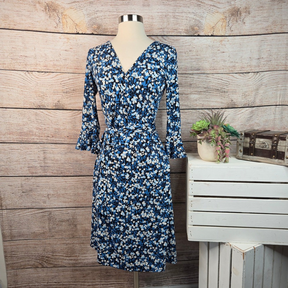 Leota Womens Blue Floral Faux Wrap Dress 3/4 Ruffle Sleeve V-Neck Jersey Size XS